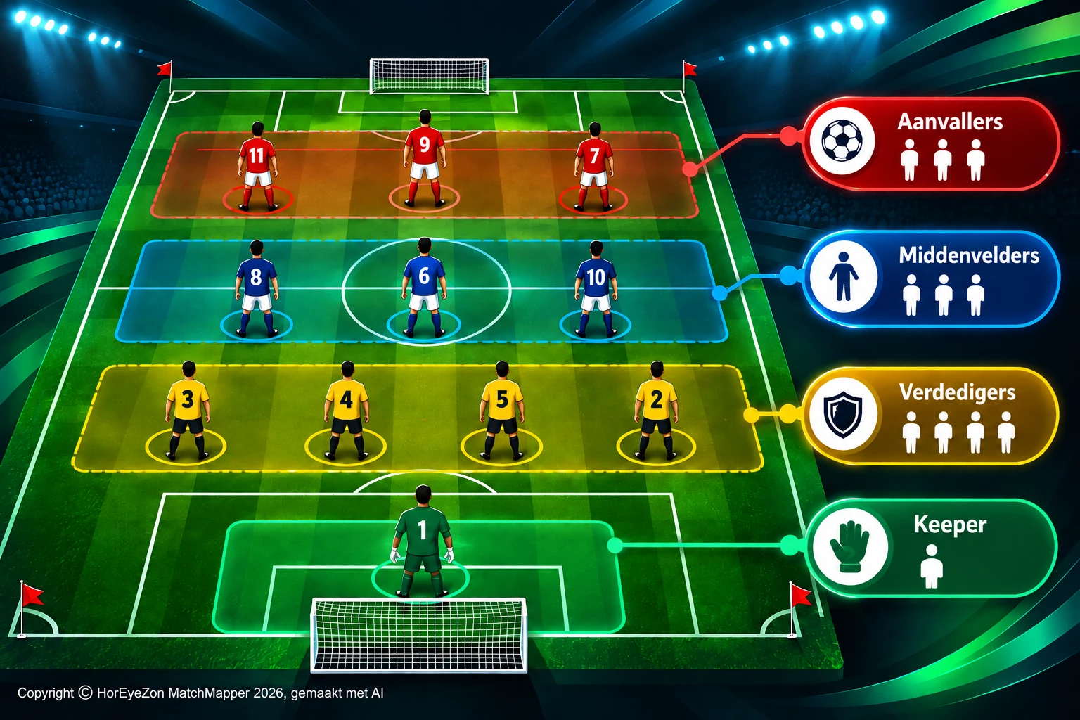 Opstelling op het veld met aanvallers, middenvelders, verdedigers en keeper